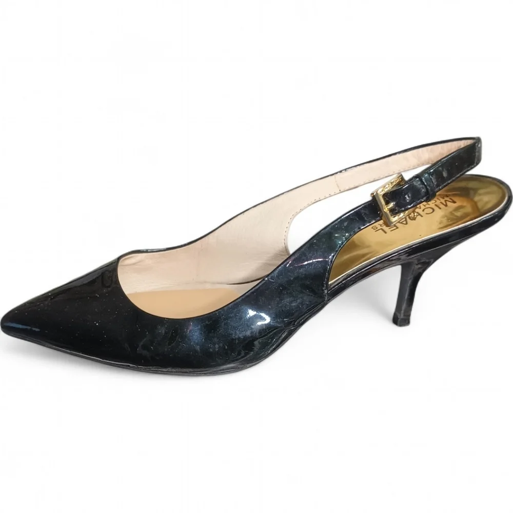 Michael Kors | Kelsey Kitten Slingback | Blk Patent Leather Gold Hardware | Sz 9